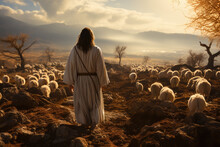 Image Of Shepherd Jesus Christ Leading The Sheep And Praying To God