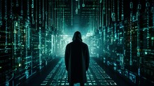 A data breach with unauthorized access, a dark silhouette of a hacker against a backdrop of abstract, digital cyberspace. The essence of cybercrime highlights the threat of hacking.