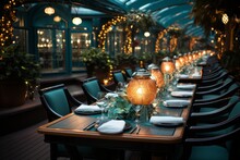 Gourmet Dining Room On A Luxury Cruise Ship, With Tables Set For An Elegant Evening Under The Stars, Generative AI