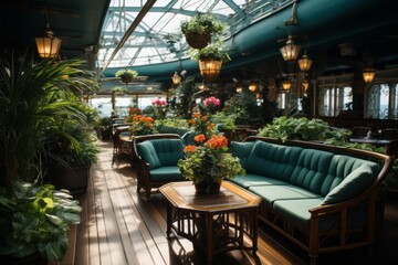  Top-deck garden oasis on a cruise ship, featuring lush greenery and serene seating areas, Generative AI