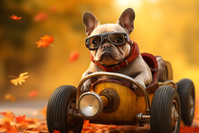 Hund Fährt Mit Dem Tretauto Durch Den Bunten Herbst