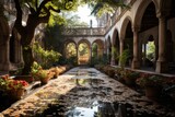 Fototapeta Uliczki - Stone-covered courtyard with a central fountain, creating a tranquil oasis in the heart of a bustling city, Generative AI