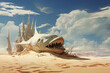 The shark in the painting is against a sandy desert background.