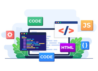 web development concept flat illustration vector template, web design, computer programming, mobile 