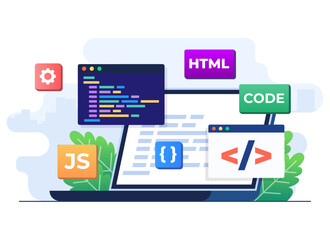 web development concept flat illustration vector template, Web design, Computer programming, Mobile application design, Coding, Software, programming languages, website 