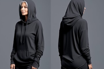 old grandmother wearing long sleeve hoodie sweatshirt Side view, back and front view mockup template for print t-shirt design mockup