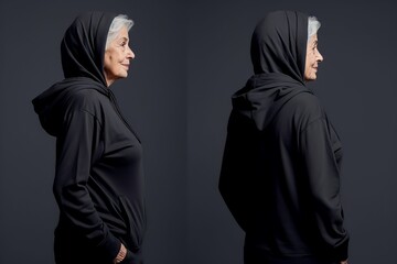 Sticker - old grandmother wearing long sleeve hoodie sweatshirt Side view, back and front view mockup template for print t-shirt design mockup