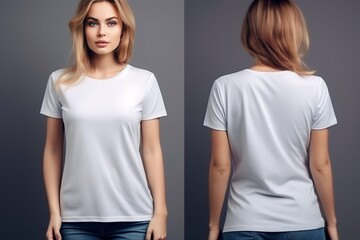Wall Mural - Young woman wearing white casual t-shirt. Side view, back and front view mockup template for print t-shirt design mockup
