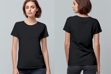 Wall Mural - Young woman wearing black casual t-shirt. Side view, back and front view mockup template for print t-shirt design mockup