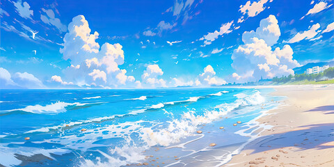 Wall Mural - beach paradise tropical sands and sea background banner anime cartoon style, generated ai