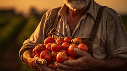 Wall Mural - Farmer holding fresh tomatoes at sunset