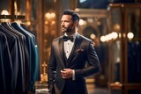 Fototapeta  - Businessman trying on suit in famous elegant dress shop