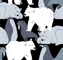 Seamless Childish Pattern With Nordic Animals.Arctic Animals - Polar Bear, Seal, Penguin.  Seamless Pattern With Cartoon Characters Arctic And Antarctic Animals