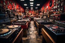 Vintage Record Store With Rows Of Vinyl Records And Cassette Tapes, Generative AI