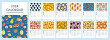 2024 Calendar Template With Vertical Pages Design Fruit, Berries Pattern. Weeks Starts On Sunday. Wall, Desk, Screen, Planner On Year. Vector Illustration