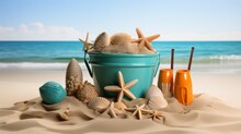 Close-up Of A Bucket Full Of Toys For Playing On The Beach. Toys Concept For Summer Vacation.