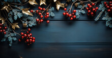 Christmas Background With Decoration With Fir Branches And Red Berries On Dark Blue Wood Table, Winter Holiday Greeting Concept,Generative Ai