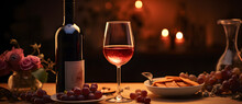 Glass Of Red Wine And Bottle With Winemark And Crackers