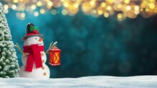 Smiled Snowman With Glowing Lantern In Winter Scenery. Flickering Golden Bokeh Christmas Lights In The Background. Loop