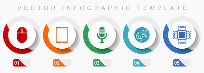 Leinwandbilder - Technology icon set, miscellaneous icons such as computer mouse, tablet, microphone, chip and cpu, flat design vector infographic template, web buttons in 5 color options