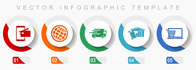 Poster - Commerce icon set, miscellaneous icons such as credit card, globe, truck, storage and online shop, flat design vector infographic template, web buttons in 5 color options