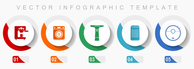Aufkleber - Home appliances icon set, miscellaneous icons such as coffe maker, dryer, window cleaner and vacuum cleaner, flat design vector infographic template, web buttons in 5 color options