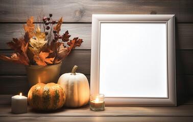 Wall Mural - Empty picture frame with autumnal composition