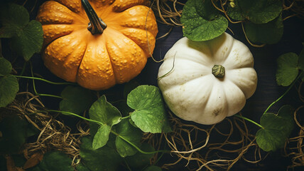 Wall Mural - White and orange pumpkins with leaves