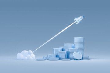 Wall Mural - reactive rapid growth of economic indicator. fast money growth chart growing up. economy and financial growth. Rocket launch, growth business, web banner on blue background. 3d rendering