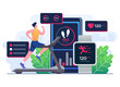 © Whiskerz - Man character running on a treadmill, Fitness tracker mobile app flat illustration vector template, Smart working, Training, Sports exercises, Monitoring heart rate in fitness app on a smartphone