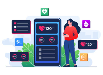 Digital health concept flat illustration vector template, Monitoring heart rate in a smartphone, Fitness tracker mobile app