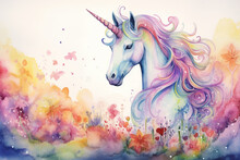 Portrait Of A Unicorn In The Style Of Watercolor Painting With Multicolored Paints, Wet Watercolor Technique, Beautiful Children's Illustration, Drawing
