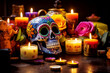 Sugar skull used to celebrate dia de los muertos, on a purple background with flowers and candles.