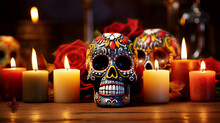 Sugar Skull Used To Celebrate Dia De Los Muertos, On A Purple Background With Flowers And Candles.