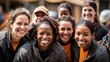 © sirisakboakaew - Photograph of smiling women, a group of various happy women doing construction work on a construction site.