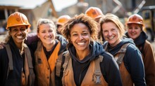 Photograph Of Smiling Women, A Group Of Various Happy Women Doing Construction Work On A Construction Site.