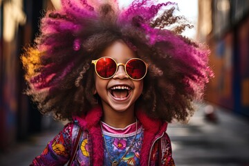 Wall Mural - close up portrait happy young African girl with with long curly hair, Generative Ai	
