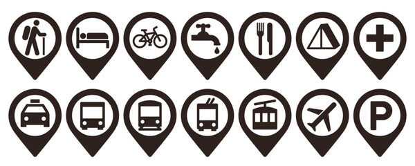 Map pin set. Location point pin set. GPS tap location symbols for apps and websites