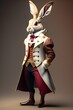 anthropomorphic figure of a hare, white rabbit from Allice in wonderland, wearing Victorian gentleman clothes and shoes. 