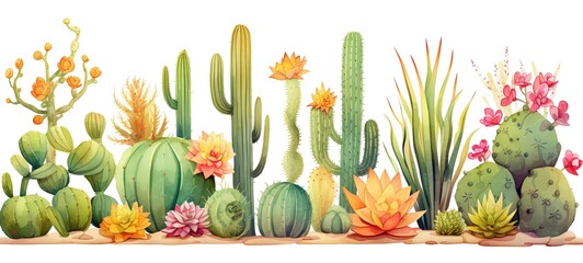 watercolor style illustration of cactus and succulent plant grow in desert ground, generative Ai