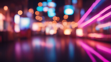 Blurred neon lights background. Neon city lights in bokeh style. Futuristic backdrop.