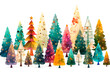 illustration of different decorated xmas trees with lights and stars and balls standing in a row on white background, concept of christmas trees