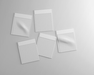 White plain blank empty squarish sample fabric swatches with naming paper jacket on isolated background 