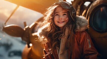 Poster - A young girl is standing in front of an airplane