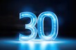 Blue number 30 neon logotype, light effect, photorealism
