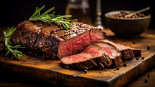 Photograph Of Beef, Sliced Grilled Meat Steak Rib Eye Medium Rare Set On Wooden Serving Board.