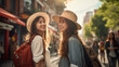 happy female friends travelers with bags crossing street together outdoor sunny day in china town.generative ai