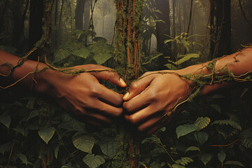 Poster - Picture of couple's hands holding each other in beautiful forest. This image can be used to depict love, connection, nature, relationships, and tranquility.