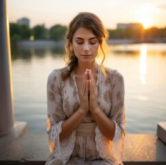 Wall Mural - prayer, woman on knees praying. lake and sunset in background. religion concept.