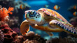 turtle with Colorful tropical fish and animal sea life in the coral reef.generative ai
